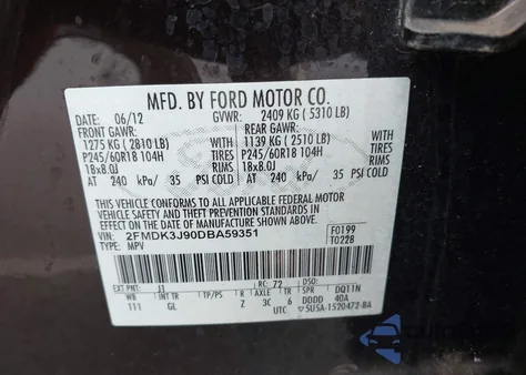 2013 Ford Edge Sel из США, поврежденный, VIN 2FMDK3J90DBA59351